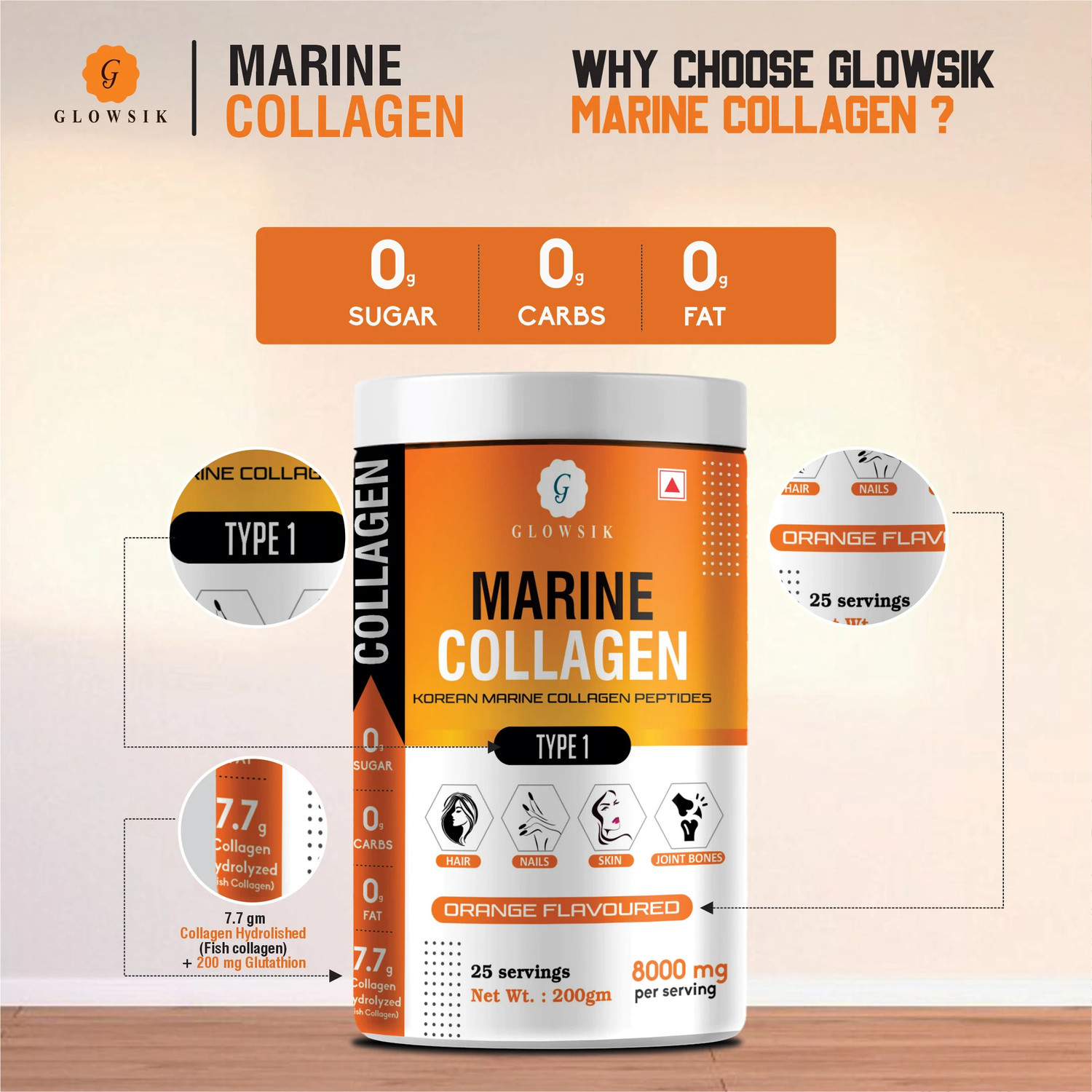 Image of G GLOWSIK Korean Marine Collagen Powder Hydrolyzed Collagen for Glow Healthy Skin , Hair