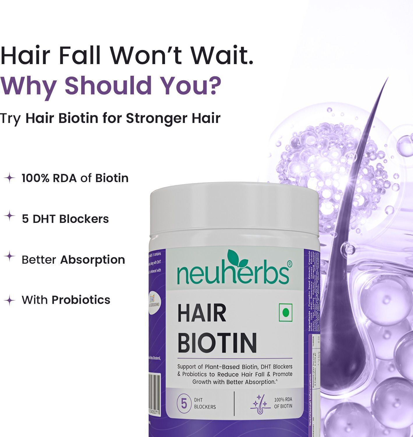 Image of Neuherbs Biotin for Hair Growth| DHT Blocker Supplement|Hair Fall Control & Damage Repair