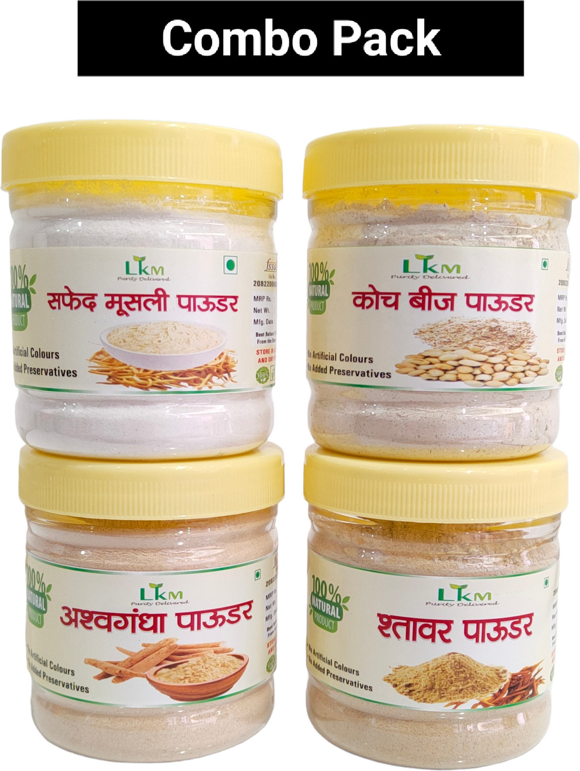 Image of LKM Combo pack Ashavgandha , Satavar,Safedmusli Koch Beej each 50 gm (200gm)