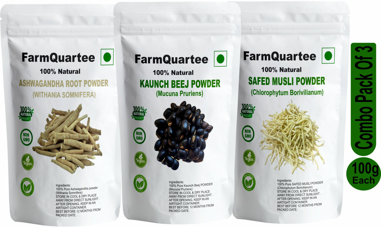 Image of FarmQuartee Natural Ashwagandha Safed Musli Kaunch Beej Konch Seed Powder Churna