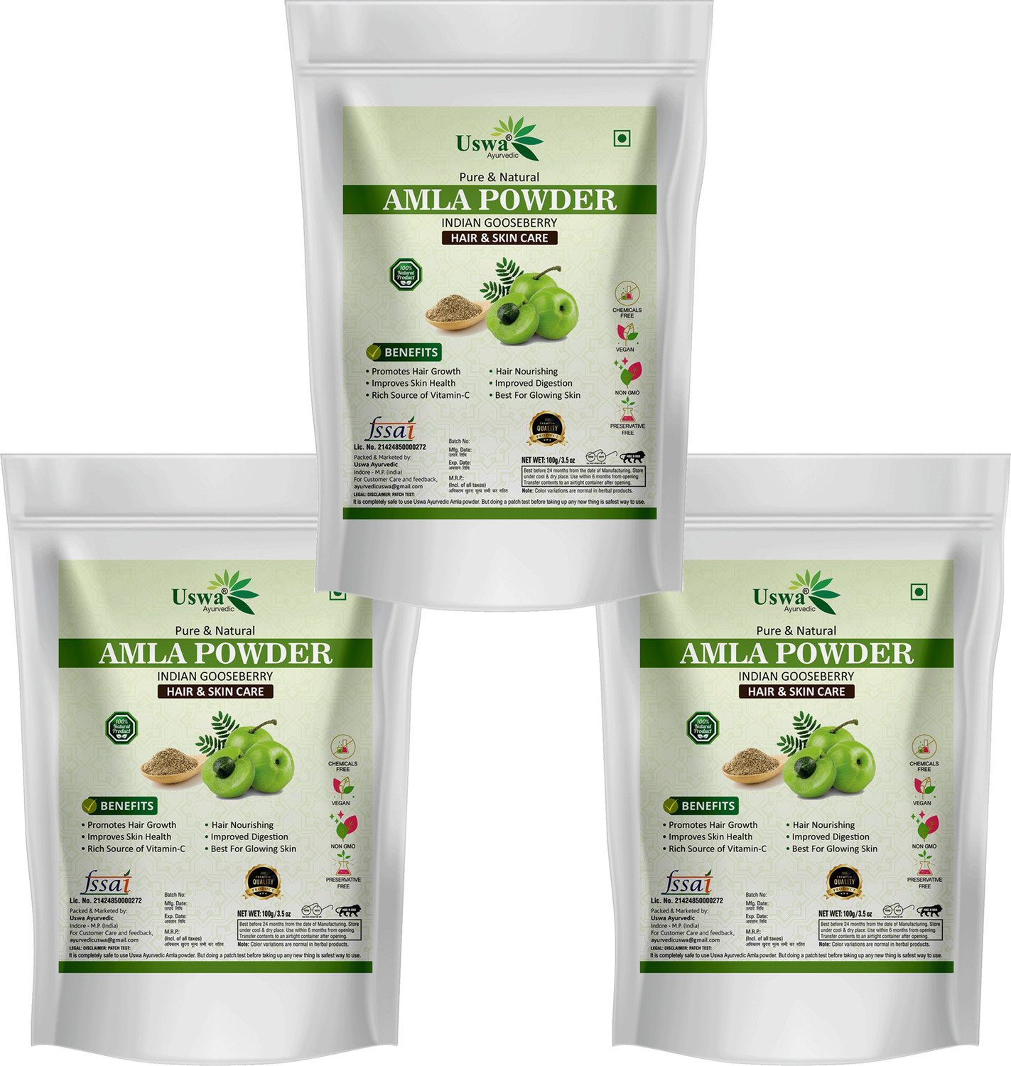 Image of Uswa Ayurvedic Natural Amla Indian Gooseberry Powder for Hair and Skin Care-Pack-3(300g)