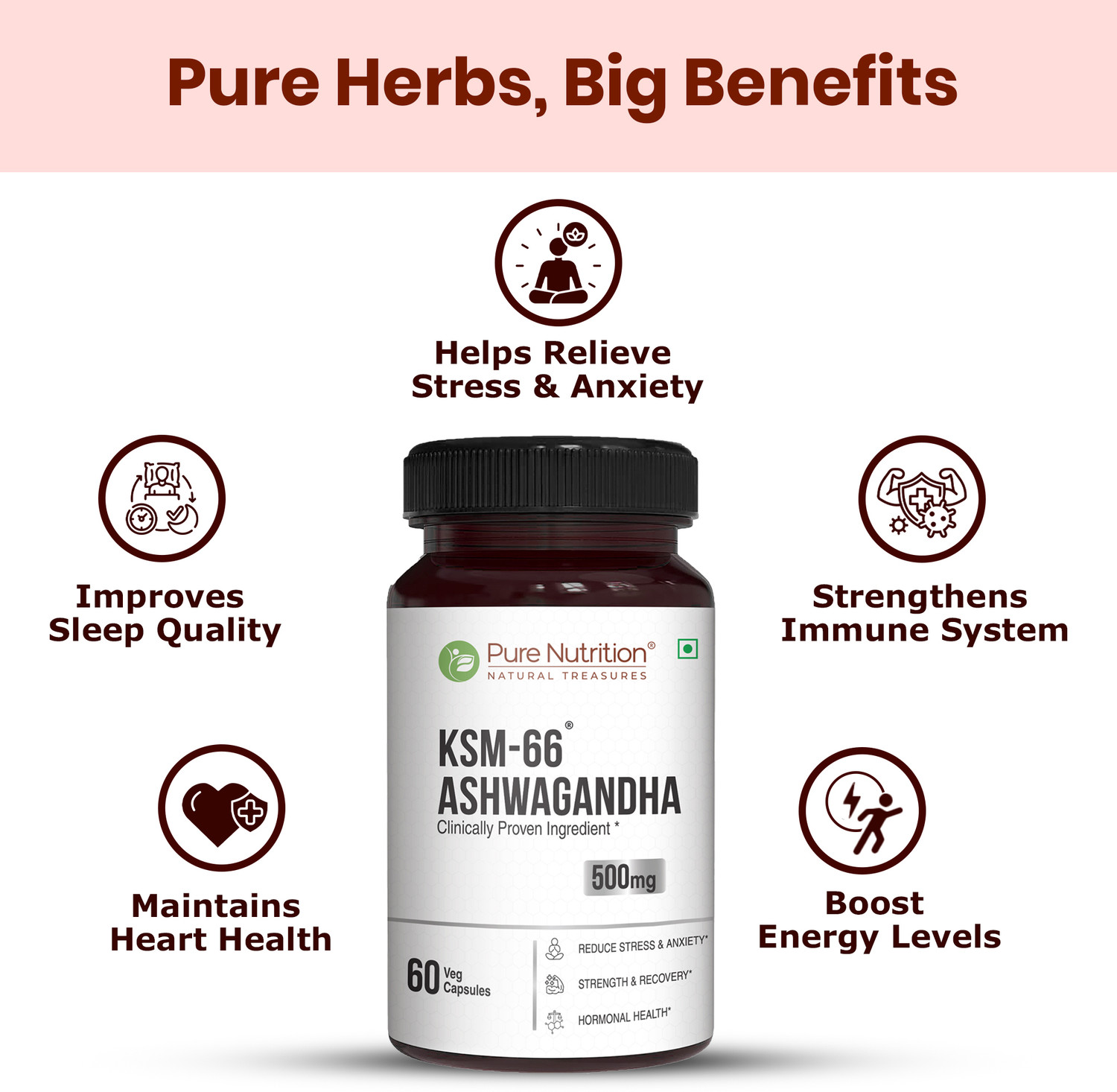Image of Pure Nutrition KSM-66 Ashwagandha 500mg | Withania Somnifera Root Extract | Stress Support
