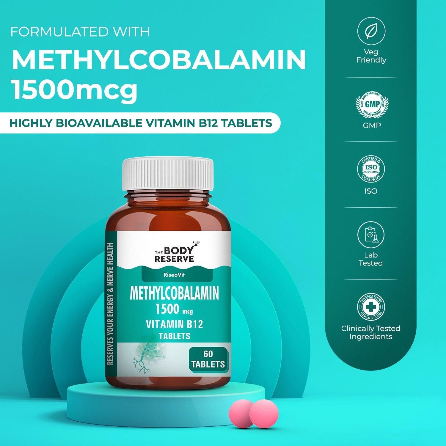 Image of THE BODY RESERVE Vitamin B12 Tablets 1500 mcg as Methylcobalamin Supplements for Men & Women(60)