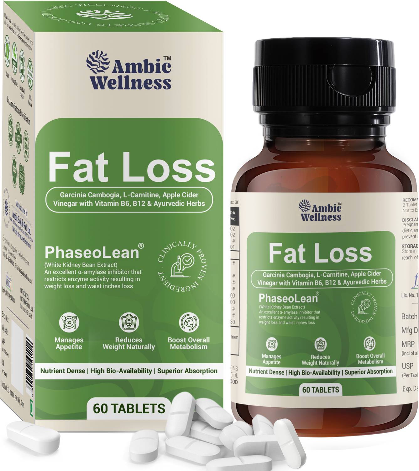 Ambic Wellness Fat Loss with Garcinia Cambogia I Fat Burner Tablet Clinically Proven PhaseoLean