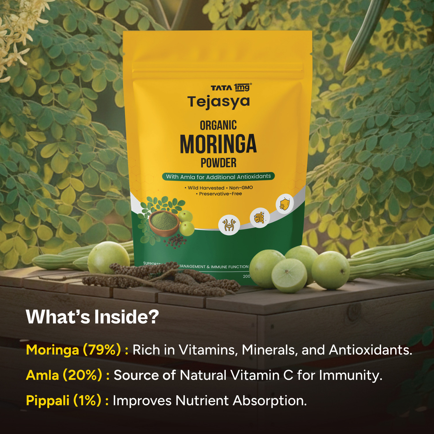 Image of TATA 1mg Tejasya Organic Moringa Powder With Amla & Pippali | Non-GMO & Preservative-Free