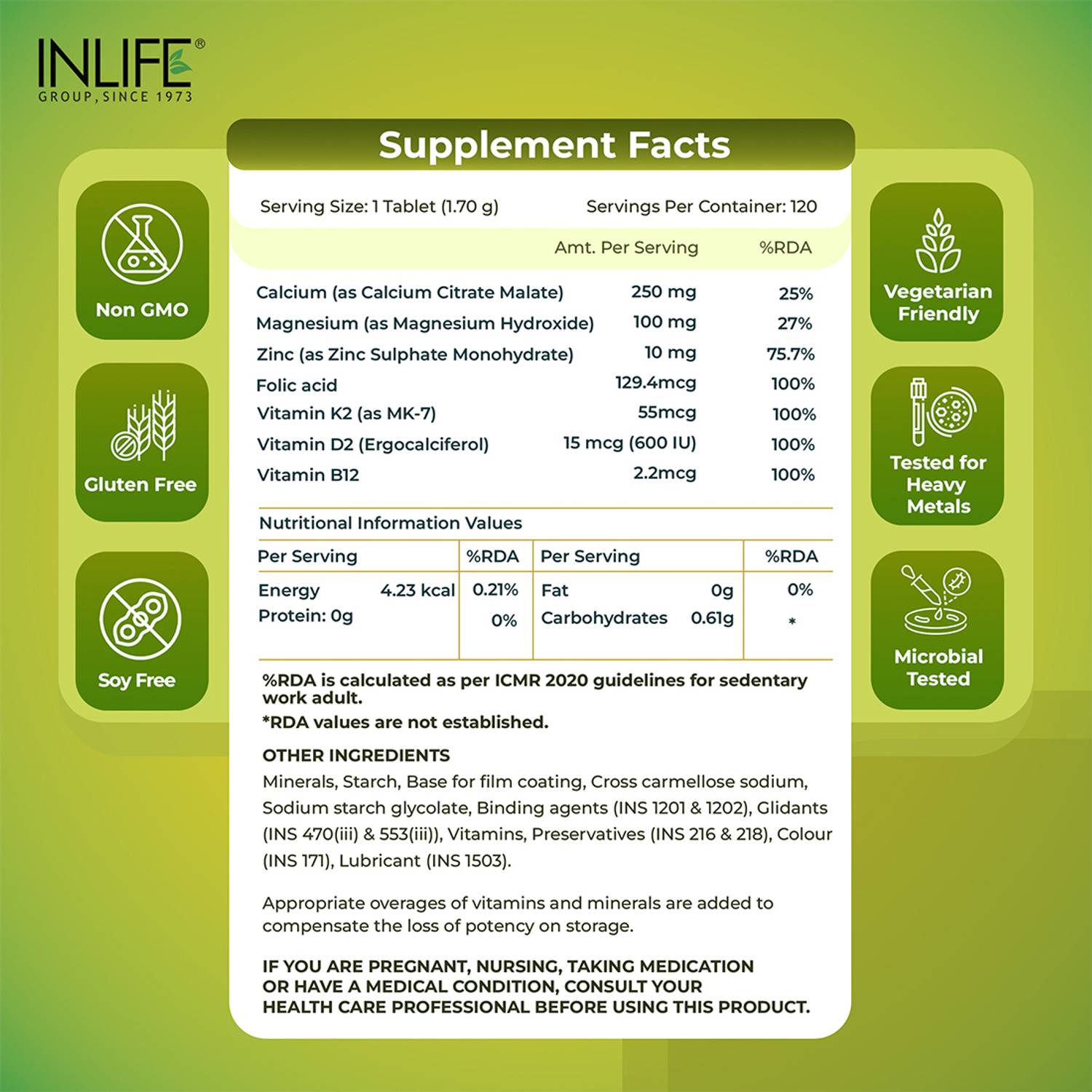 INLIFE Calcium Magnesium Zinc Vitamin D K2 Folic Acid Tablets, 120 - Image 3