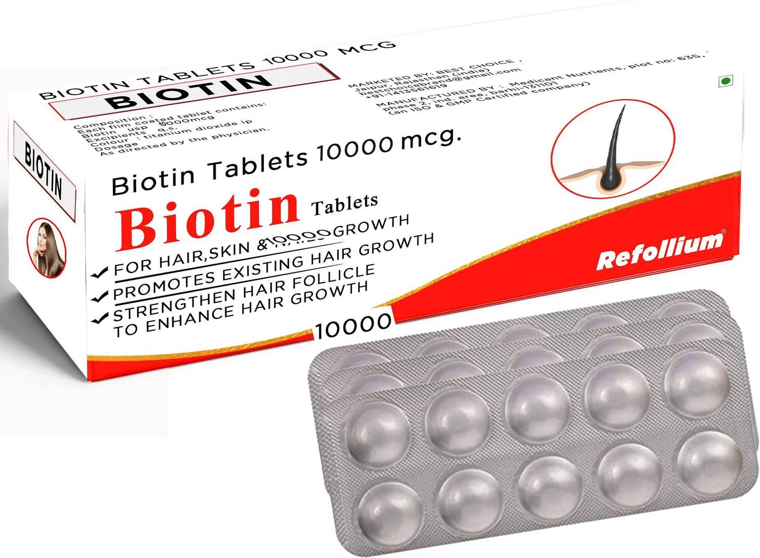 Refollium Biotin 10000 mcg Maximum Strength Hair, Skin and Nails