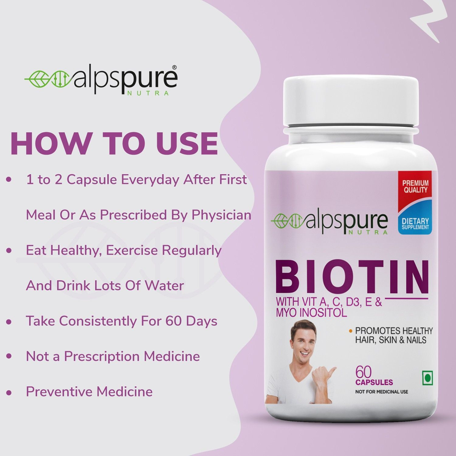 Image of ALPSPURE Biotin with Vitamin A,C,D3 |High Potency|Maximum Strength for Hair,Skin and Nails