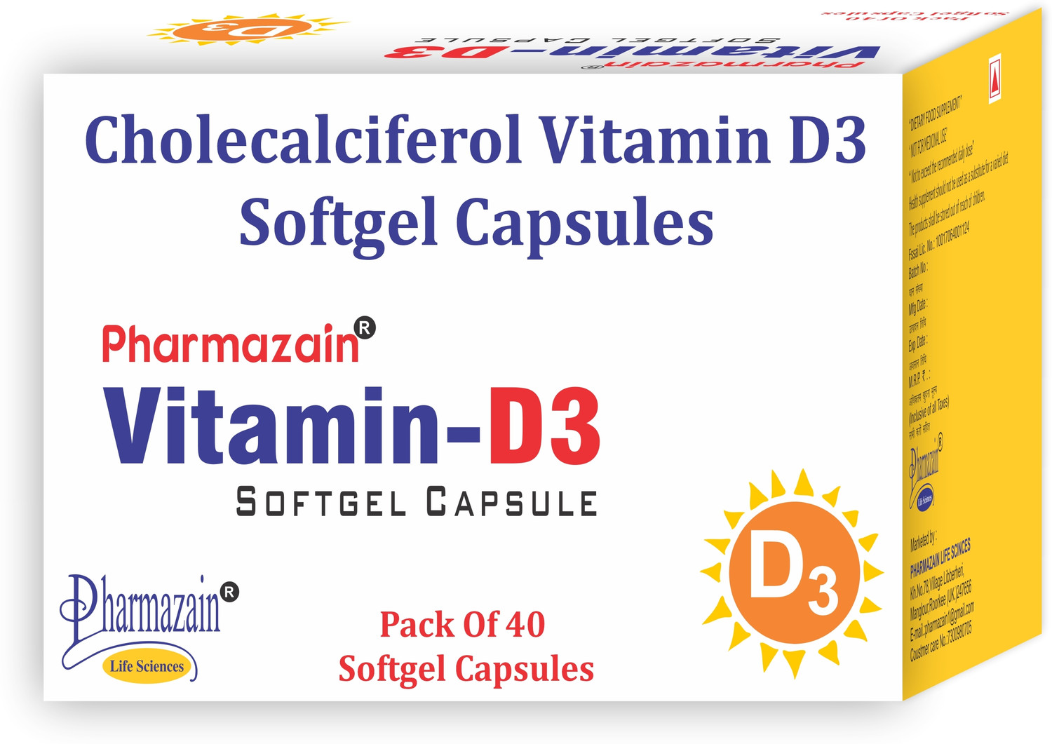 Image of PHARMAZAIN LIFE SCIENCES Vitamin D3 Softgel Capsule for Bone Joint Mental Health Heart Pack Of 40 Capsule