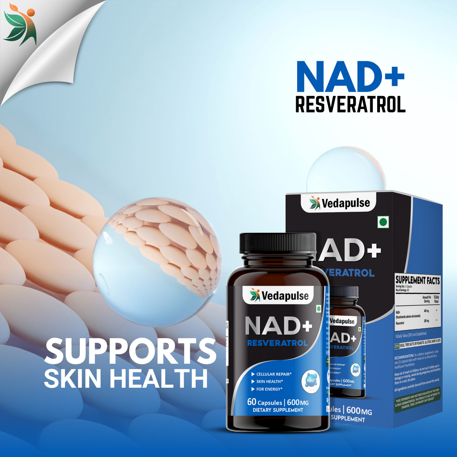Image of Vedapulse NAD+ Resveratrol Capsules - Boost Energy & Anti-Aging with NAD+ & Resveratrol