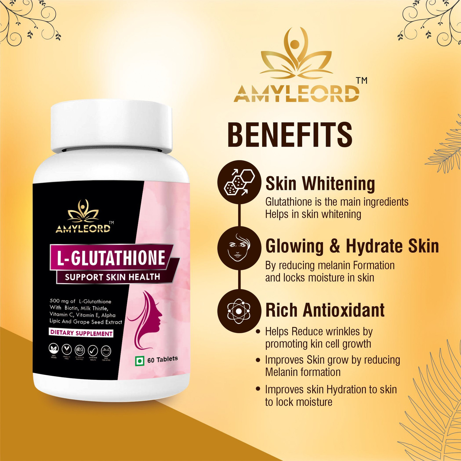 Image of Amyleord L-Glutathione Tablet 1000mg with Vitamin C&E, Biotin, Grape Seed for Skin Glow