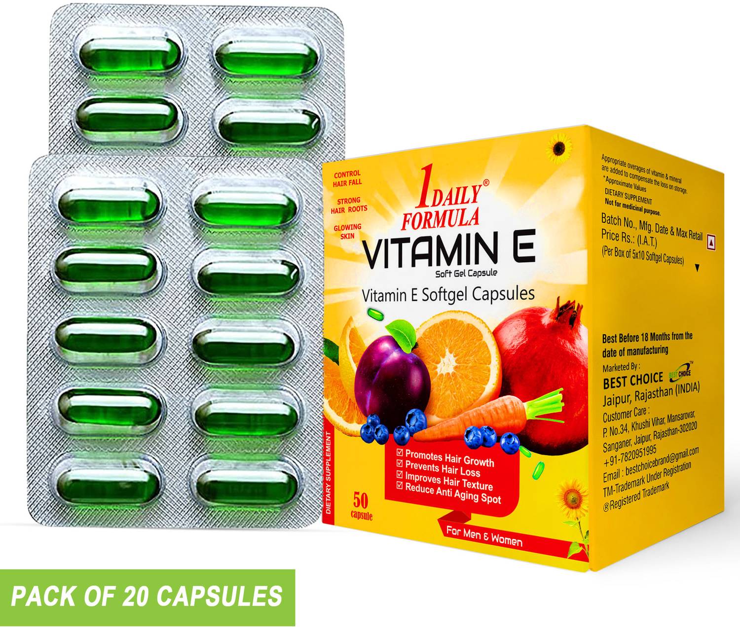 1DAILYFORMULA Vitamin E (Pack of 20 Capsules) Face Hair Pimple Glowing Skin & hair care
