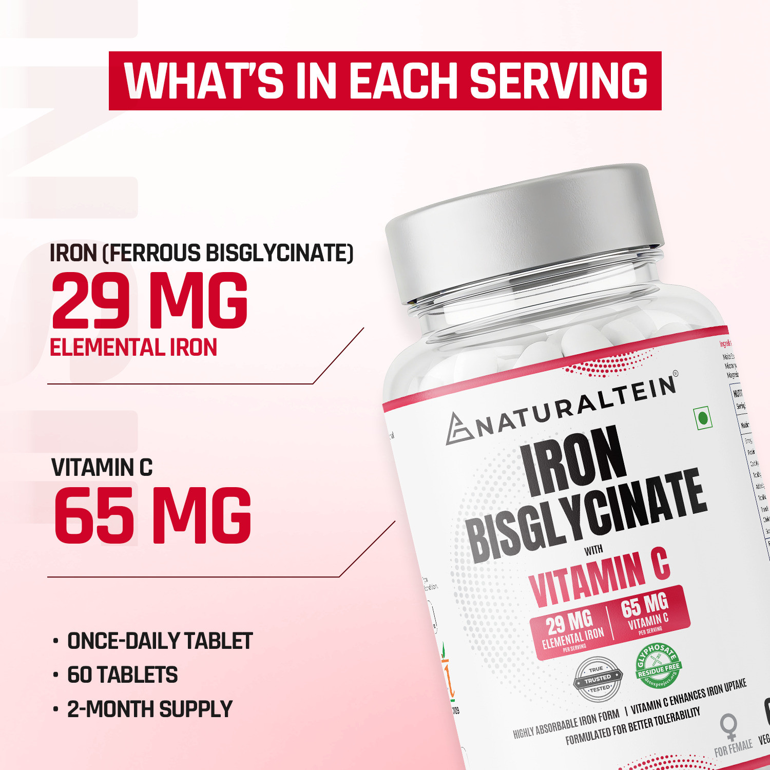 Image of NATURALTEIN Iron Bisglycinate with Vitamin C for Women| Clean & Additive-Free