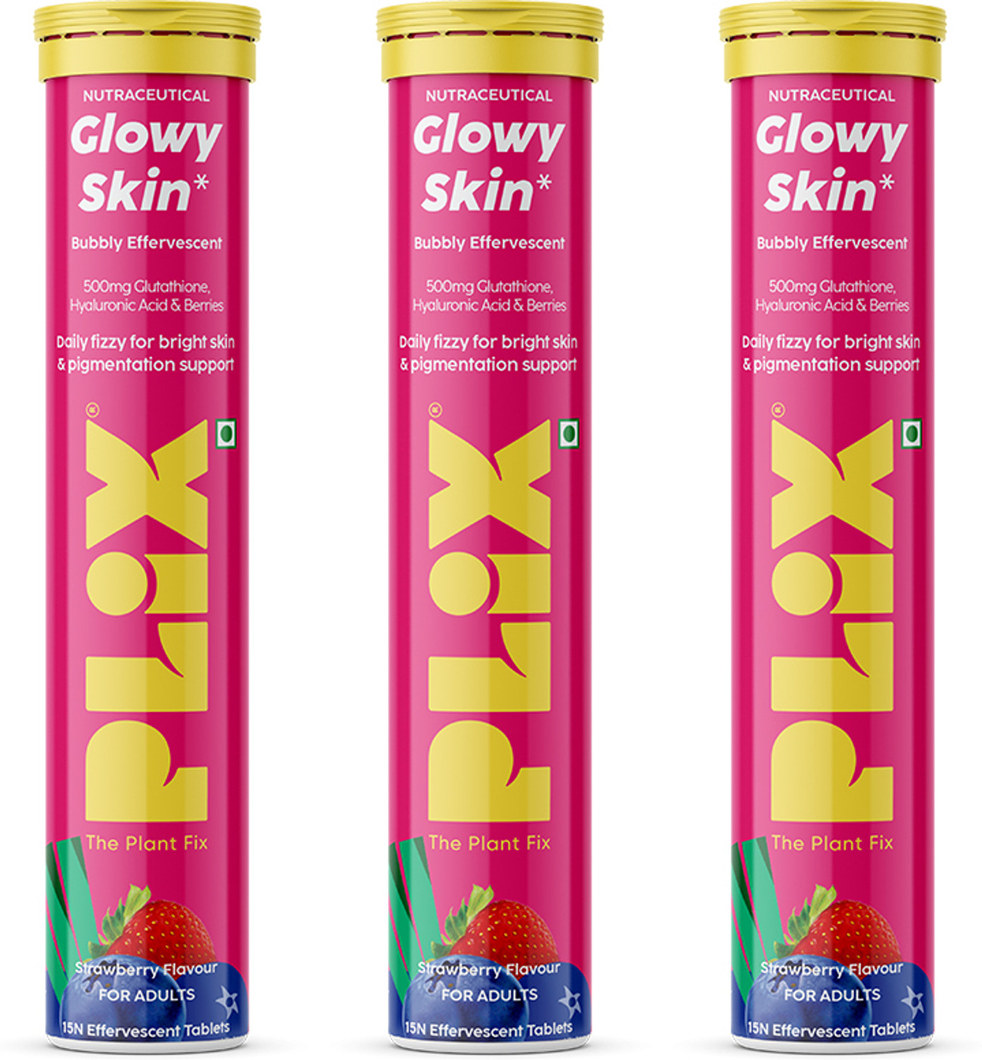 Image of The Plant Fix Plix Glowy Skin Bubbly Effervescent | 600mg Glutathione | Vitamin C | Hyaluronic Acid (3 x 15 No)