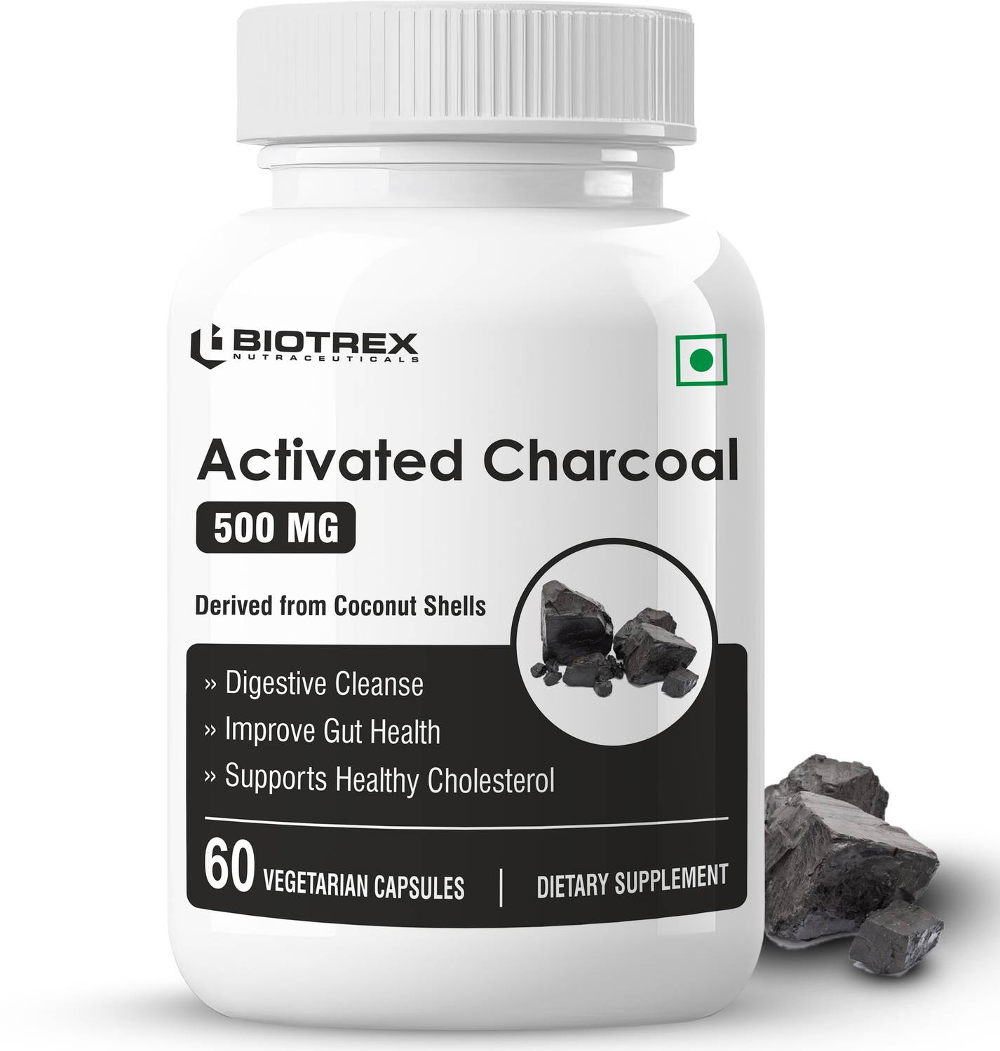 BIOTREX NUTRACEUTICALS Activated Charcoal 500 mg supplement for easy digestion