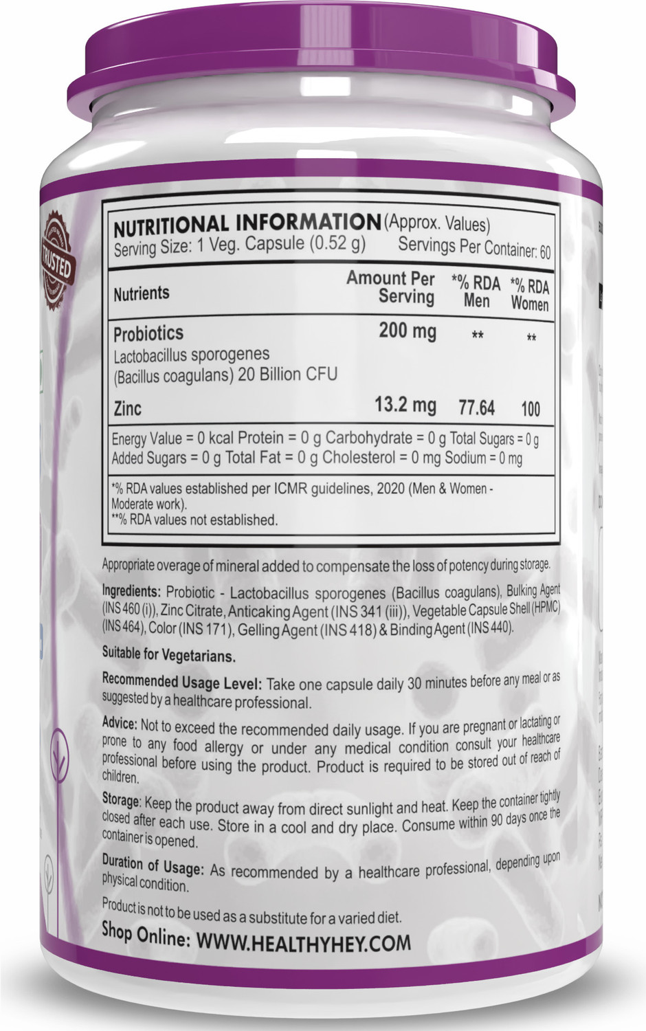 Image of HealthyHey Nutrition Probiotic 20 Billion Cfu Supplement with Delayed-Release 60 Vegetable Capsules