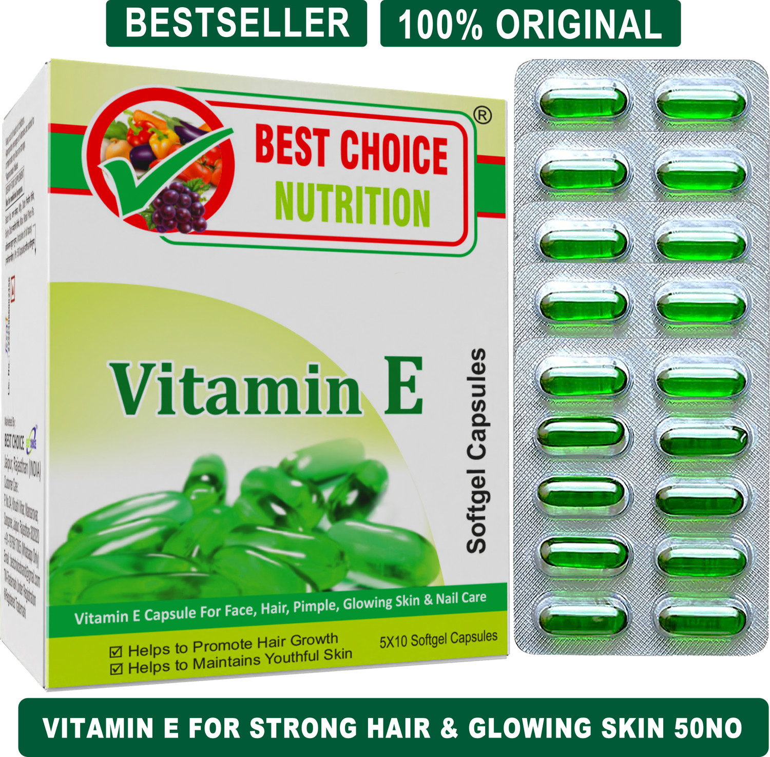 Image of BEST CHOICE NUTRITION Vitamin E Capsules for Glowing Skin & Strong Hair | Antioxidant for Men & Women