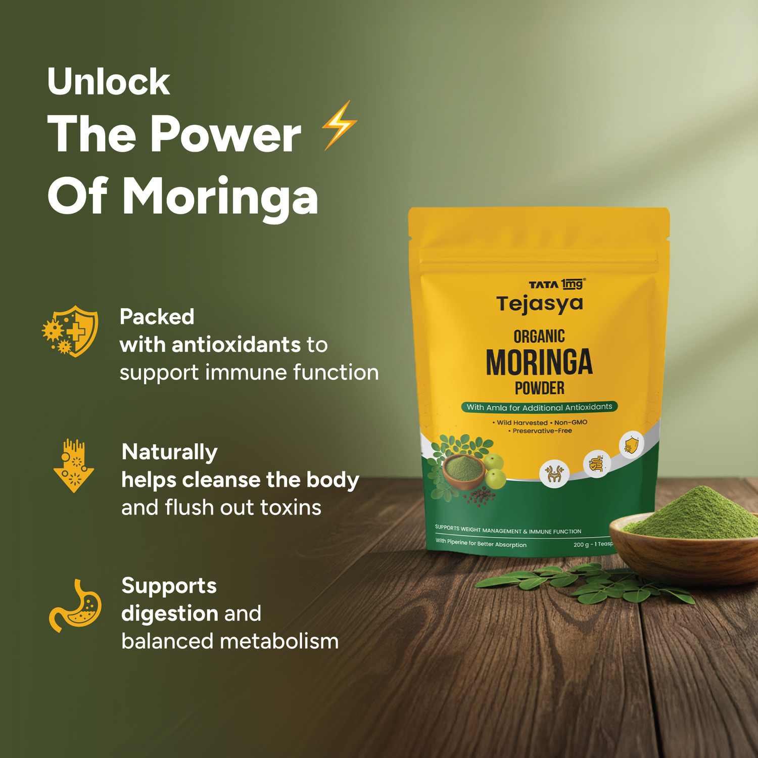Image of TATA 1mg Tejasya Organic Moringa Powder With Amla & Pippali | Non-GMO & Preservative-Free