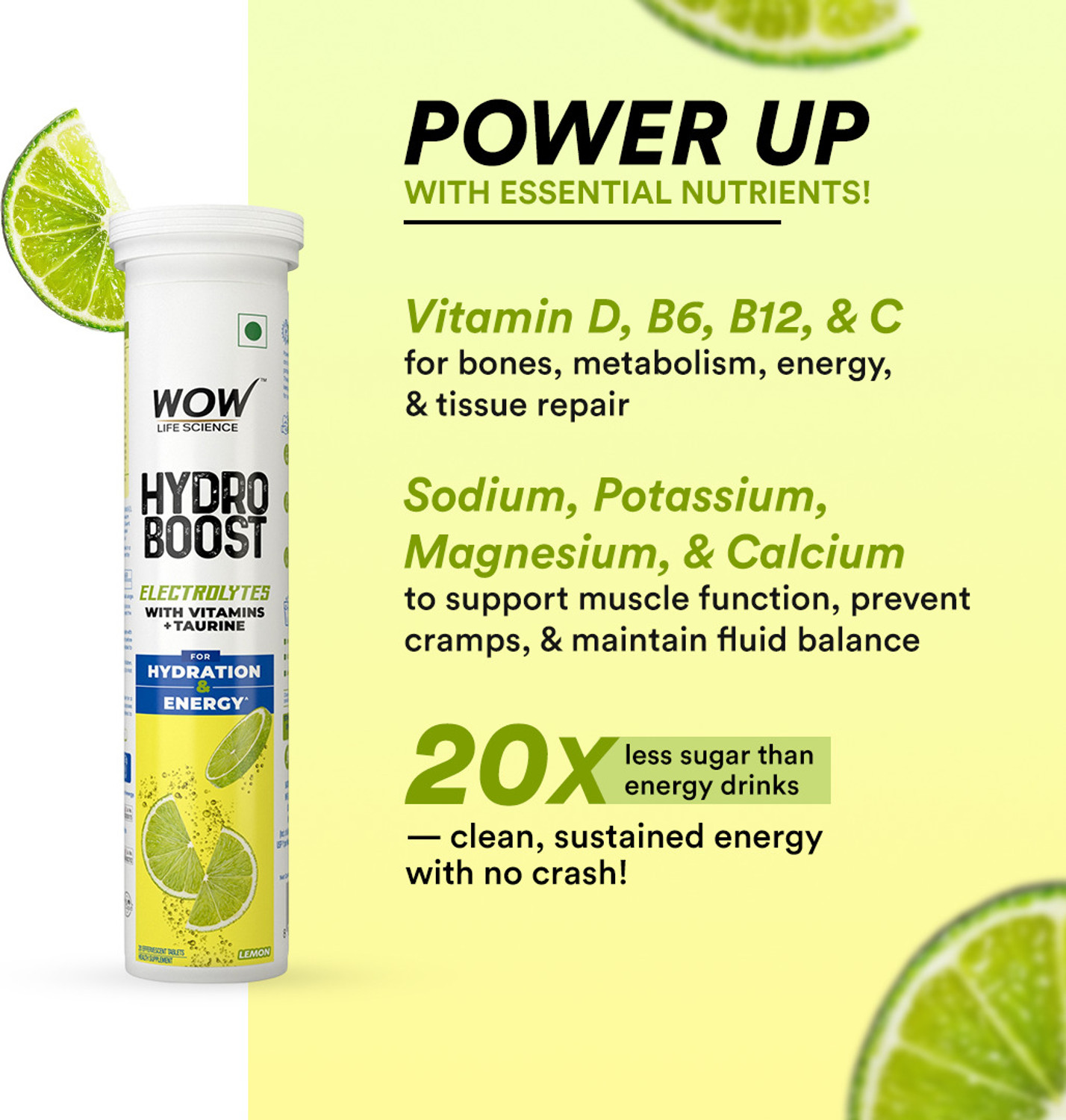 Image of WOW Life Science Hydroboost Electrolytes Low Sugar Energy Drink |Instant Hydration|Lemon Flavour