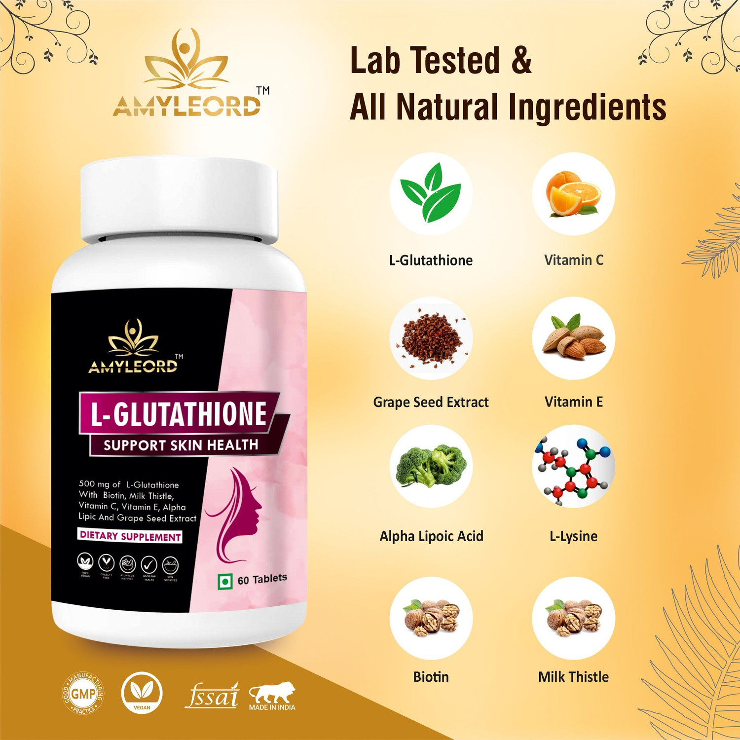 Image of Amyleord L-Glutathione Tablet 1000mg with Vitamin C&E, Biotin, Grape Seed for Skin Glow