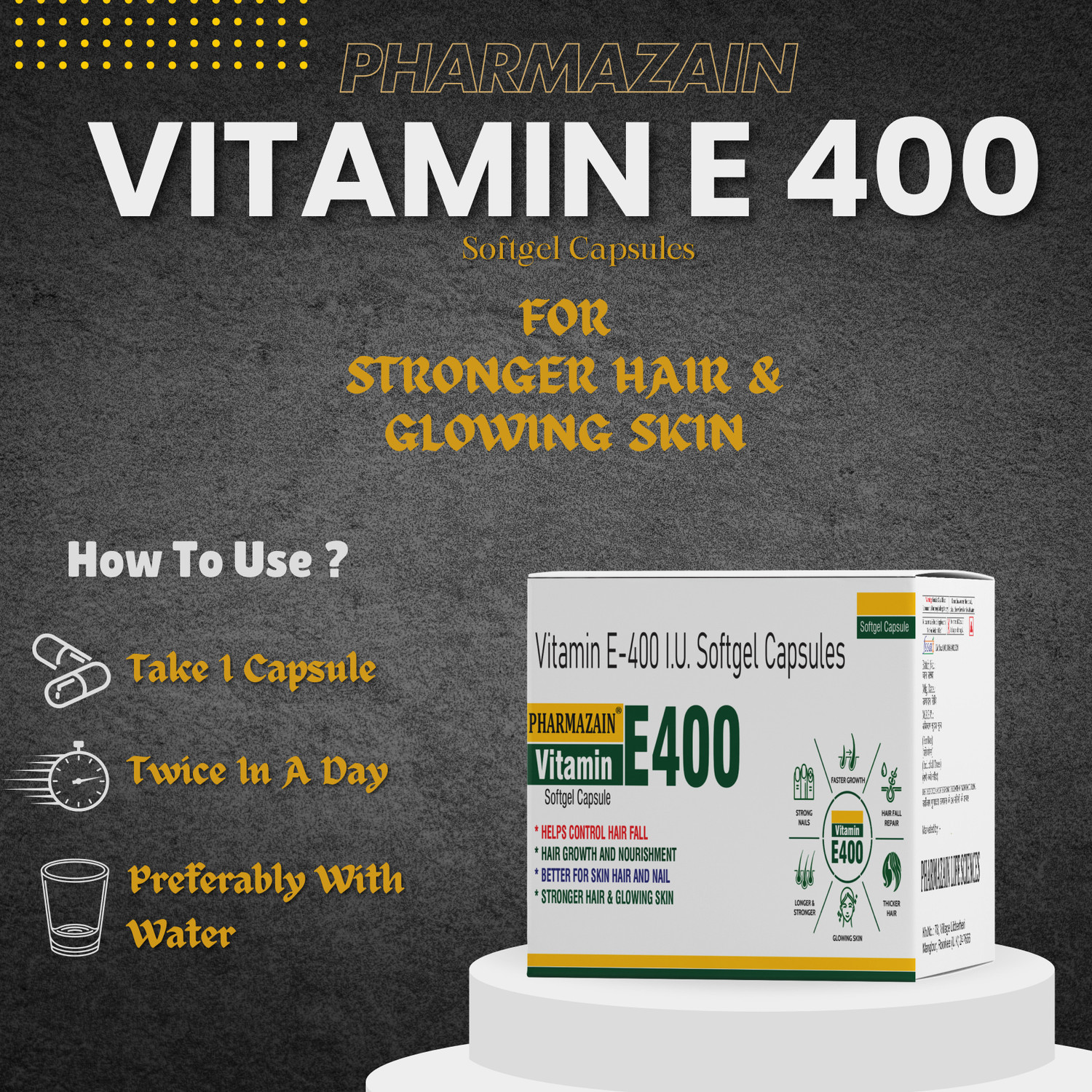 Image of PHARMAZAIN LIFE SCIENCES Vitamin E 400 IU Face Hair Pimple Glowing Skin & hair care (90 Capsules)