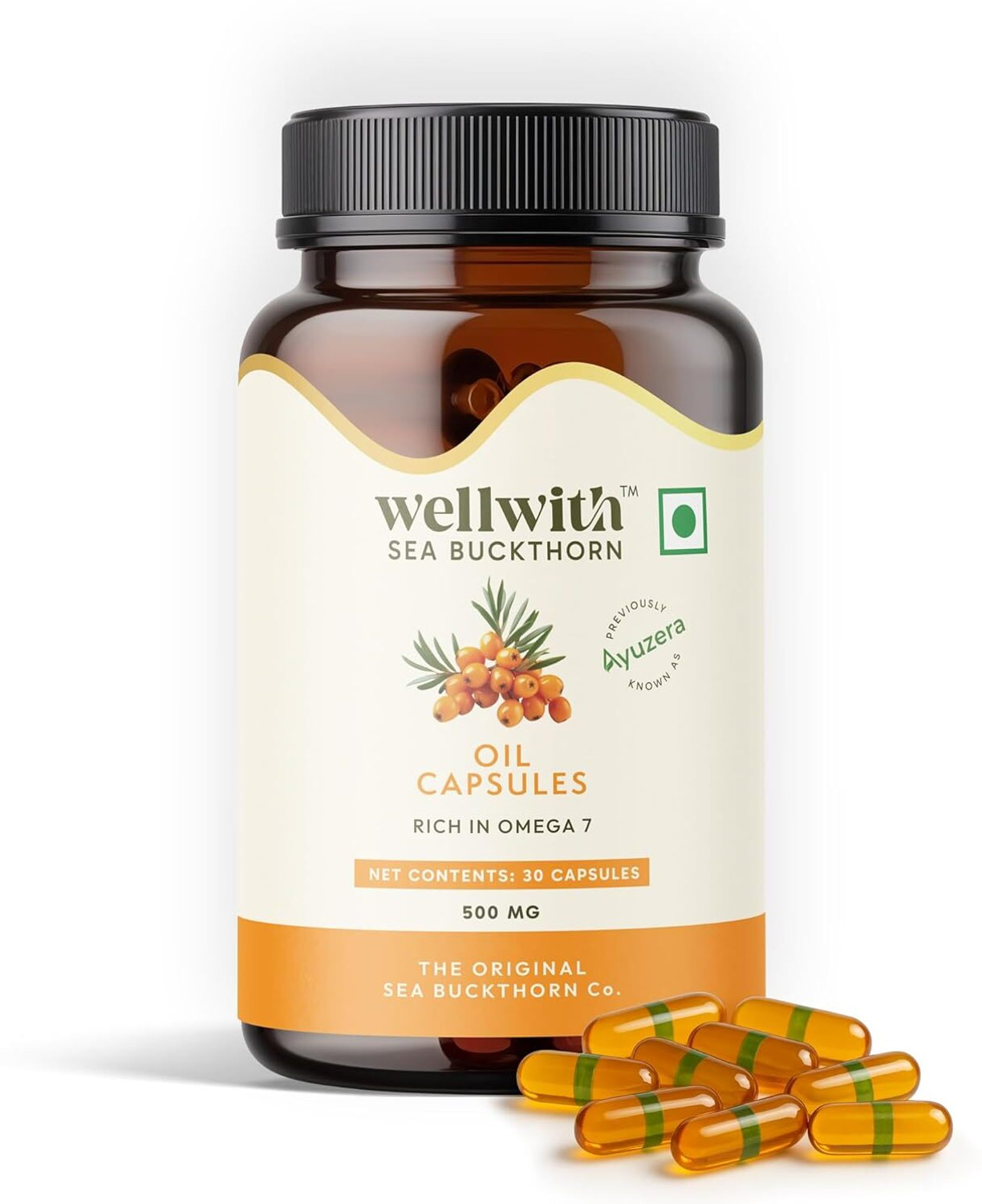 Image of Wellwith Sea Buckthorn Oil Capsules | Omega 7 & 3, 6, 9 | Skin, Hair & Heart Support