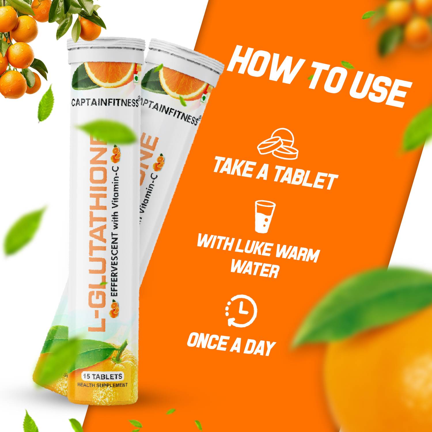 glutathione water soluble tablets CaptainFitness L-Glutathione effervescent with vitamin-c tablet  (orange)|Glowing skin|-(260) Price in India