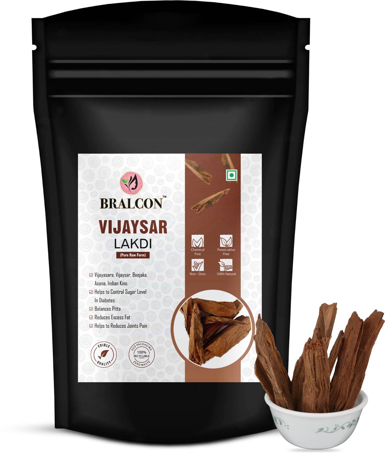 BRALCON Raw Vijaysar Lakdi- 100g| Vijaysar Chaal| 100% Natural Vijaysar Bark|Indian Kino