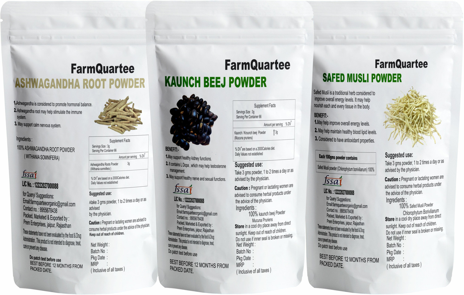 Image of FarmQuartee Natural Ashwagandha Safed Musli Kaunch Beej Konch Seed Powder Churna