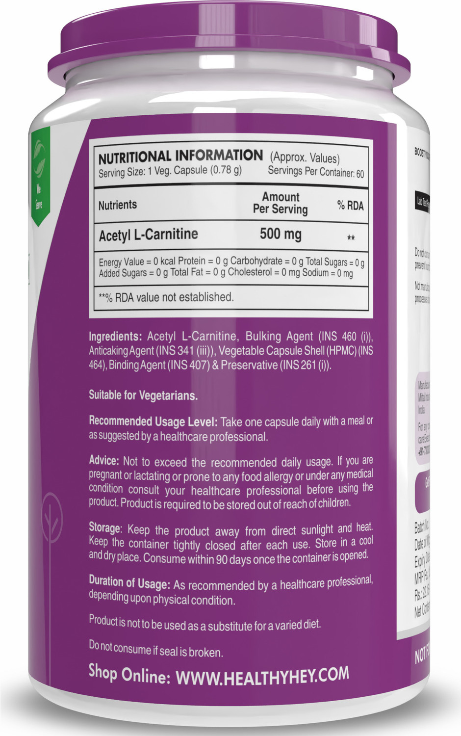 Image of HealthyHey Nutrition Acetyl L-Carnitine (ALCAR) - Veg Capsules
