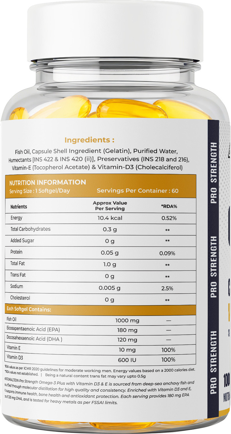 Image of NATURALTEIN Omega 3 Pro Plus Fish Oil| 1000mg with EPA 180mg DHA 120mg Vitamin D3 & E (60 Capsules)
