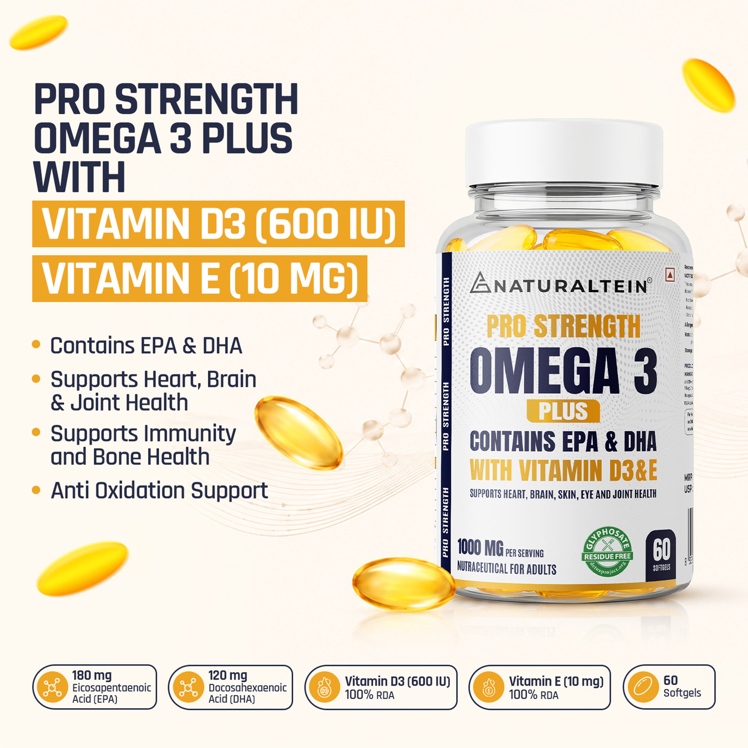 Image of NATURALTEIN Omega 3 Pro Plus Fish Oil| 1000mg with EPA 180mg DHA 120mg Vitamin D3 & E (60 Capsules)