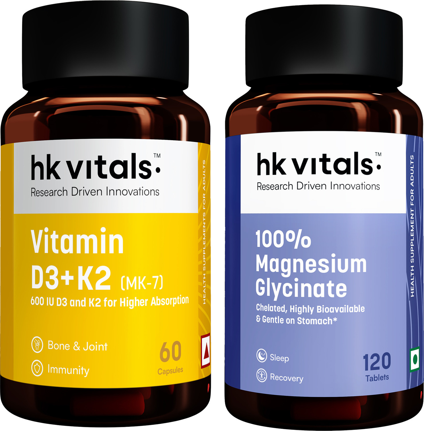 Image of hk vitals 100% Magnesium Glycinate (1880mg) 120 Tablets & Vitamin D3 + K2 (MK-7)