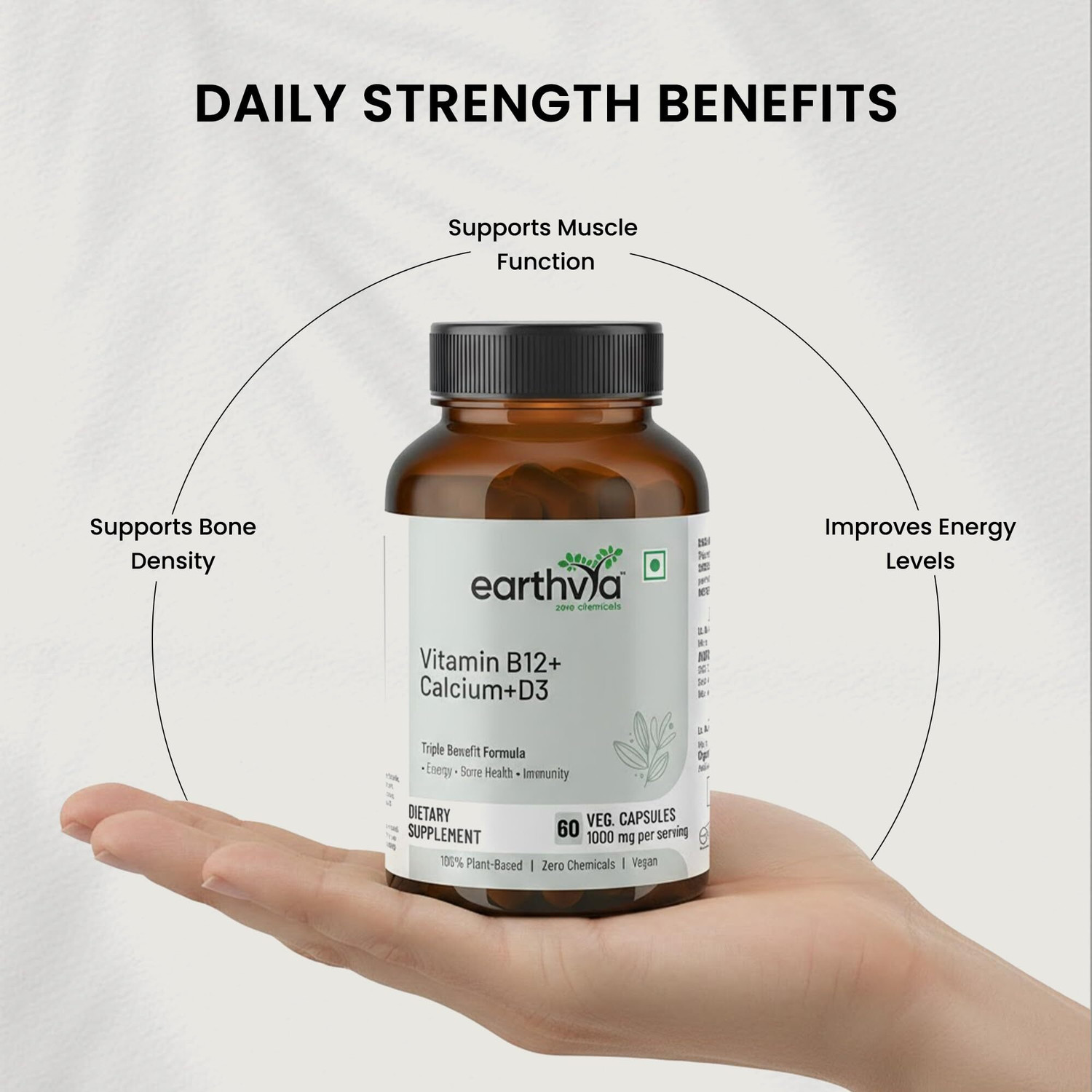 Image of earthvya Plant-Based Vitamin B12 Supplement + Calcium D3 for Energy, Bone & Immunity (60 Capsules)