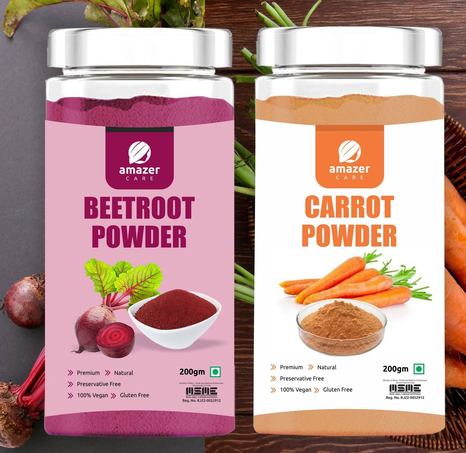 Amazer Care Beetroot+Carrot Powder-Pure Natural Superfood For Eating/Drink, Immunity Booster