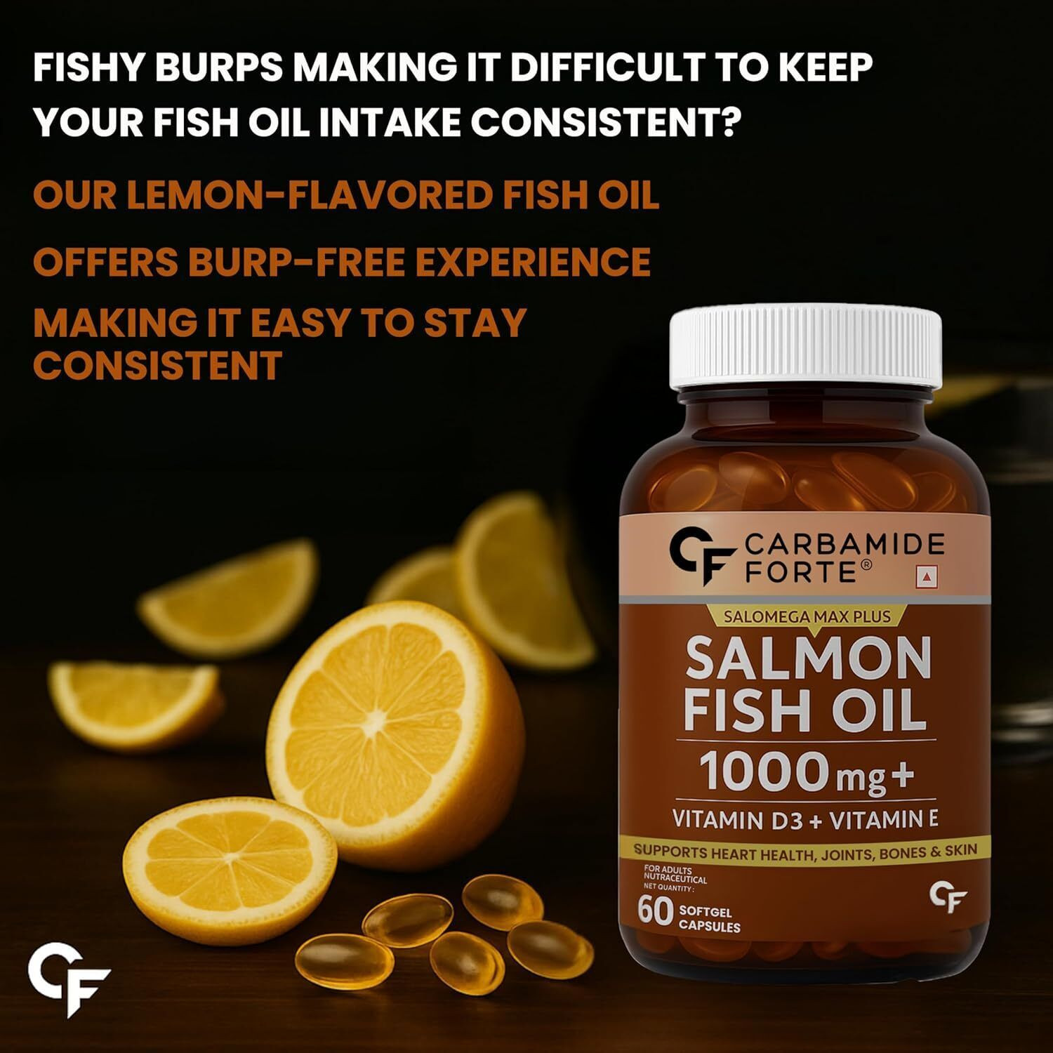 Image of CARBAMIDE FORTE Salmon Fish Oil Omega 3 Capsules 1000mg With Vitamin D3 + E For Heart Health