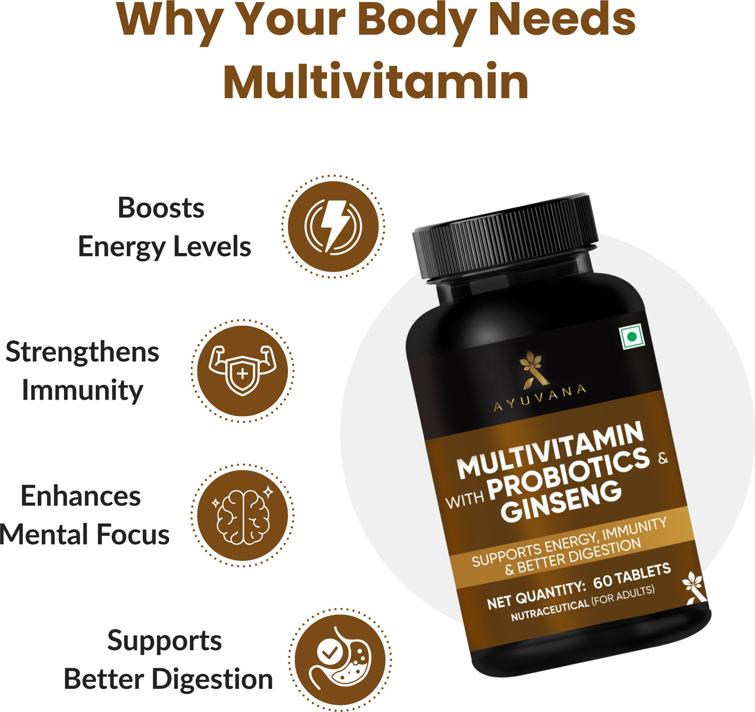 Image of Ayuvana Multivitamin with Probiotics & Ginseng | Supports Energy, Heart & Digestion