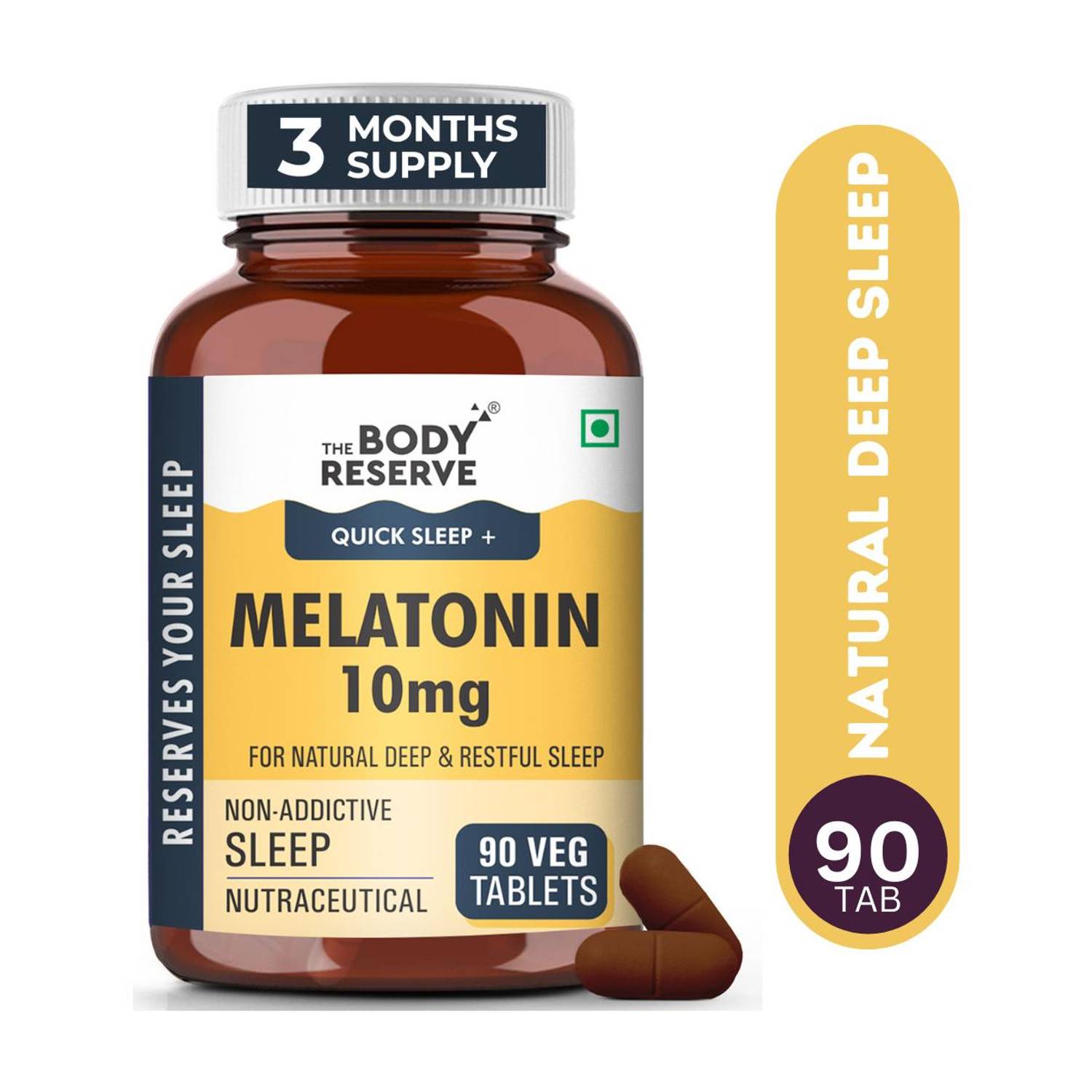 THE BODY RESERVE Melatonin 10mg (90) Tablets for Natural Deep Sleep, Muscle & Nerve Relaxation.
