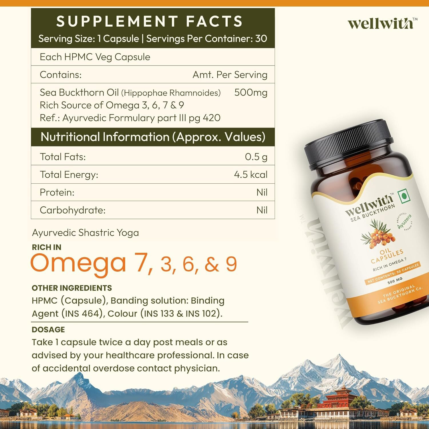 Image of Wellwith Sea Buckthorn Oil Capsules | Omega 7 & 3, 6, 9 | Skin, Hair & Heart Support