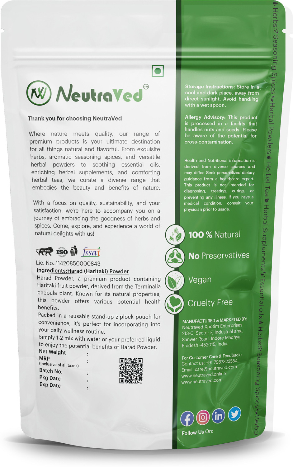 Image of NeutraVed Natural Harad Powder Haritaki Fruit Powder Terminalia Chebula