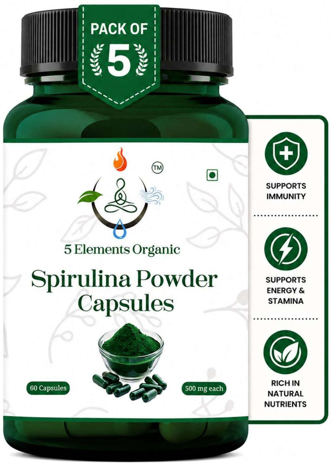 5 ELEMENTS ORGANIC Spirulina Capsules 500mg | 60 Veg Capsules