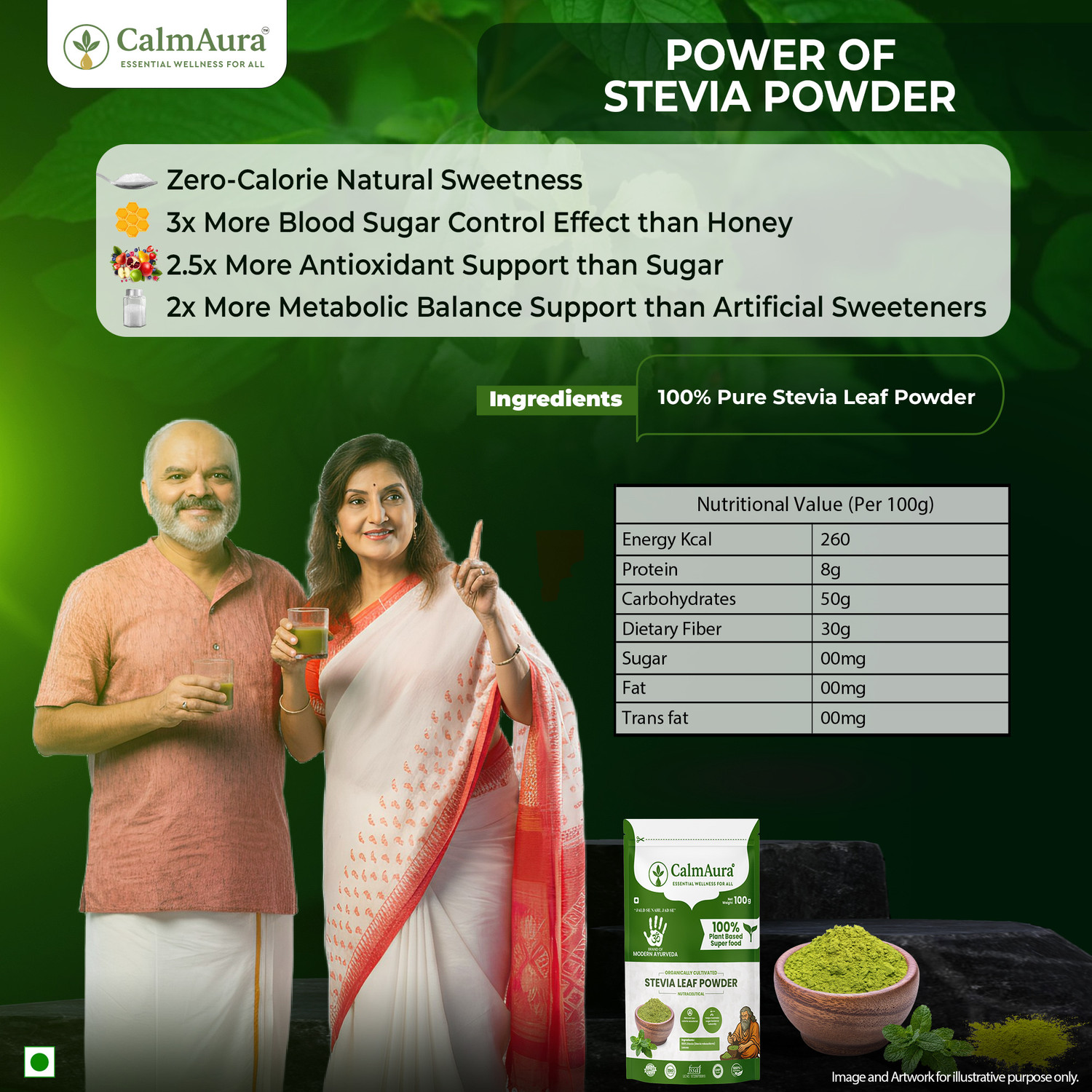 Image of CalmAura Stevia Leaf Powder | Natural Sweetener | Sugar Free Substitute