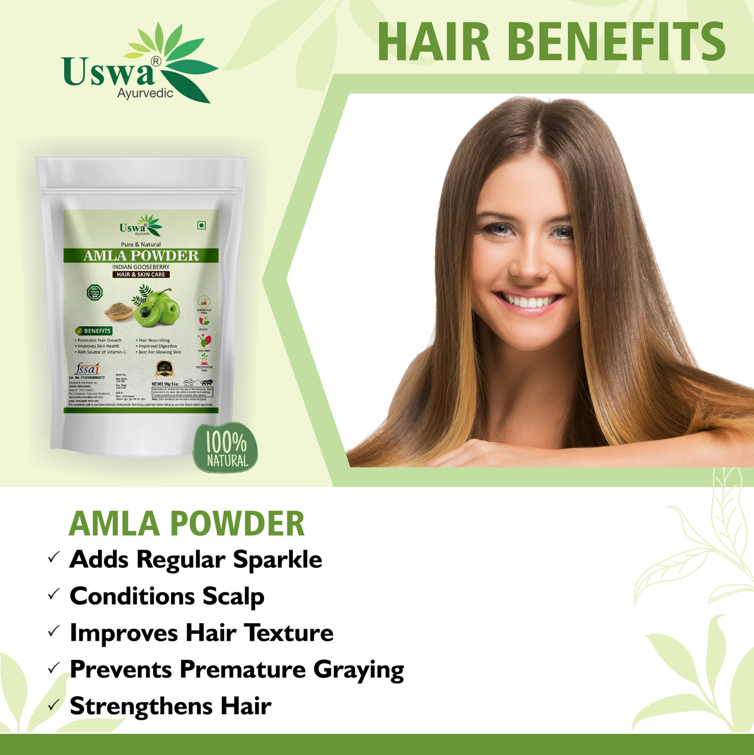 Image of Uswa Ayurvedic Natural Amla Indian Gooseberry Powder for Hair and Skin Care-Pack-3(300g)