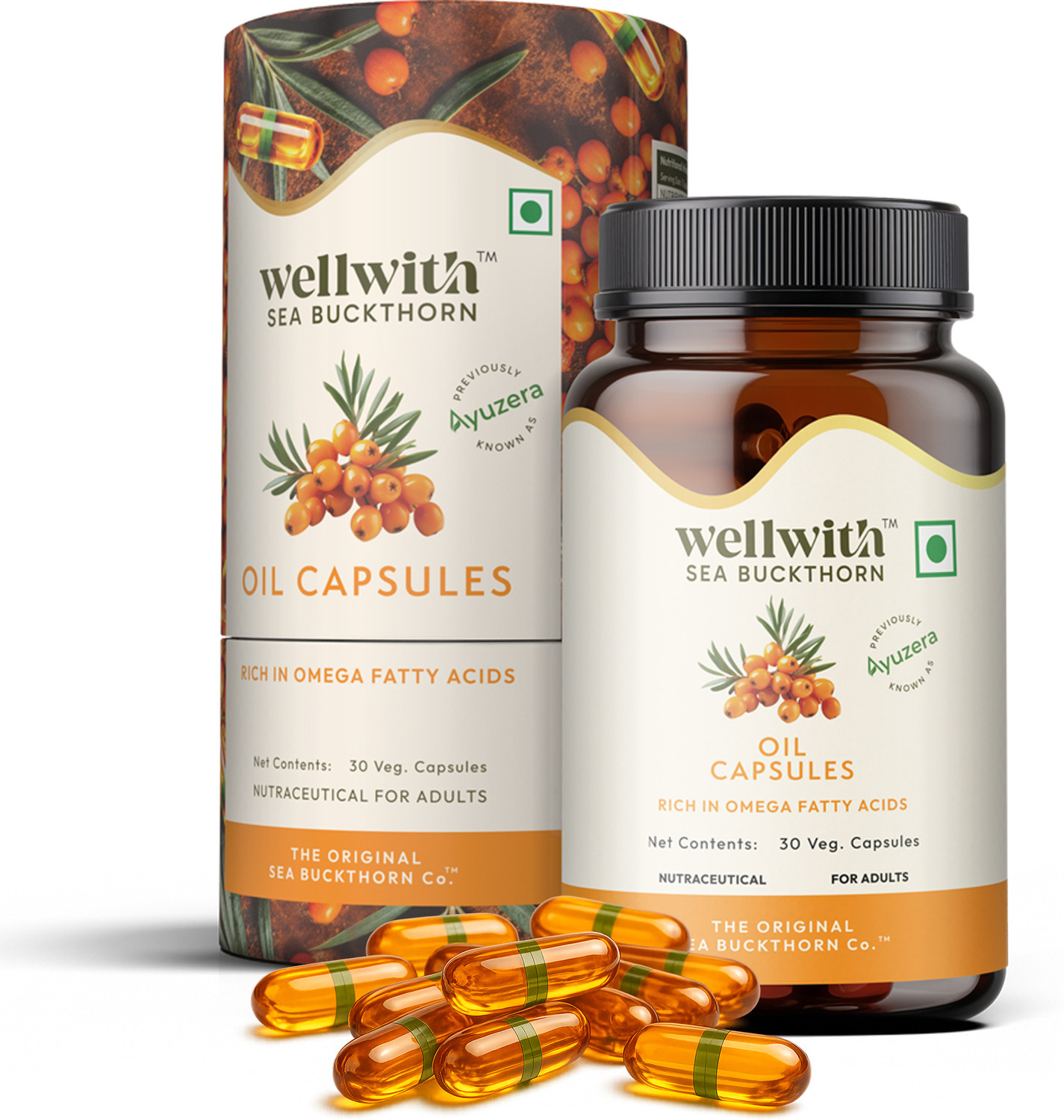 Image of Wellwith Sea Buckthorn Oil Capsules, Omega 3, 6, 7 & 9 for Heart, Skin & Immunity