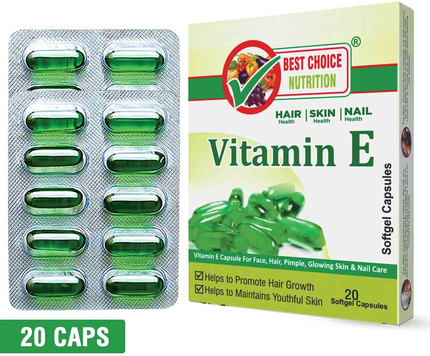 BEST CHOICE NUTRITION Vitamin E (Pack of 20 Capsules) Face Hair Pimple Glowing Skin & hair care