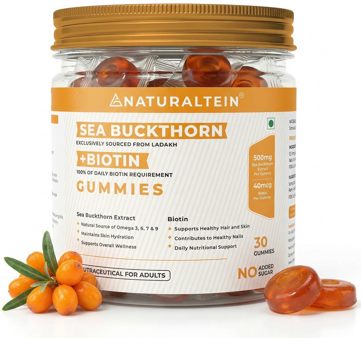 NATURALTEIN Sea Buckthorn Biotin Gummies for Hair Skin Nails