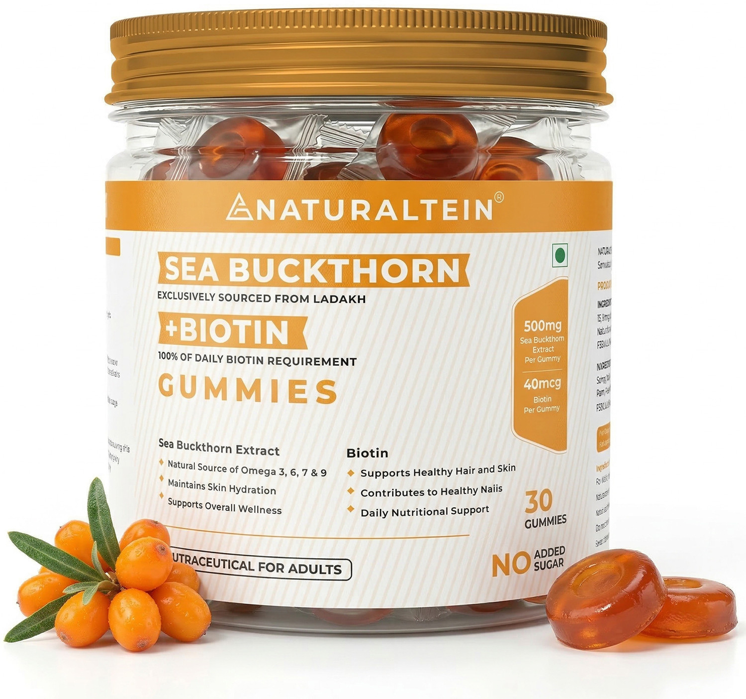 Image of NATURALTEIN Sea Buckthorn Gummies with Biotin | Hair Growth Skin Nails Support