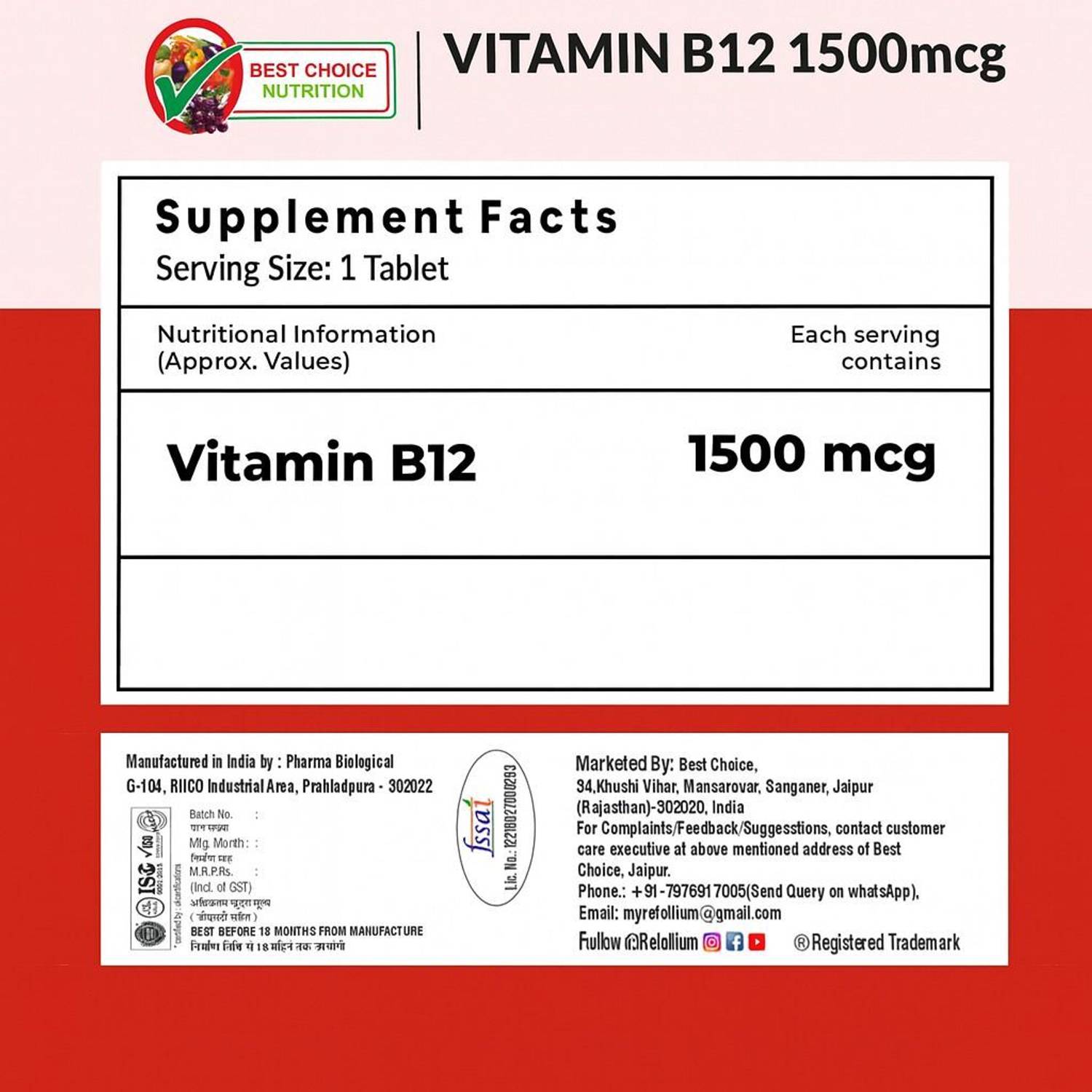 BEST Methylcobalamin Vitamin B12 Tablets 12 Pack - Image 2