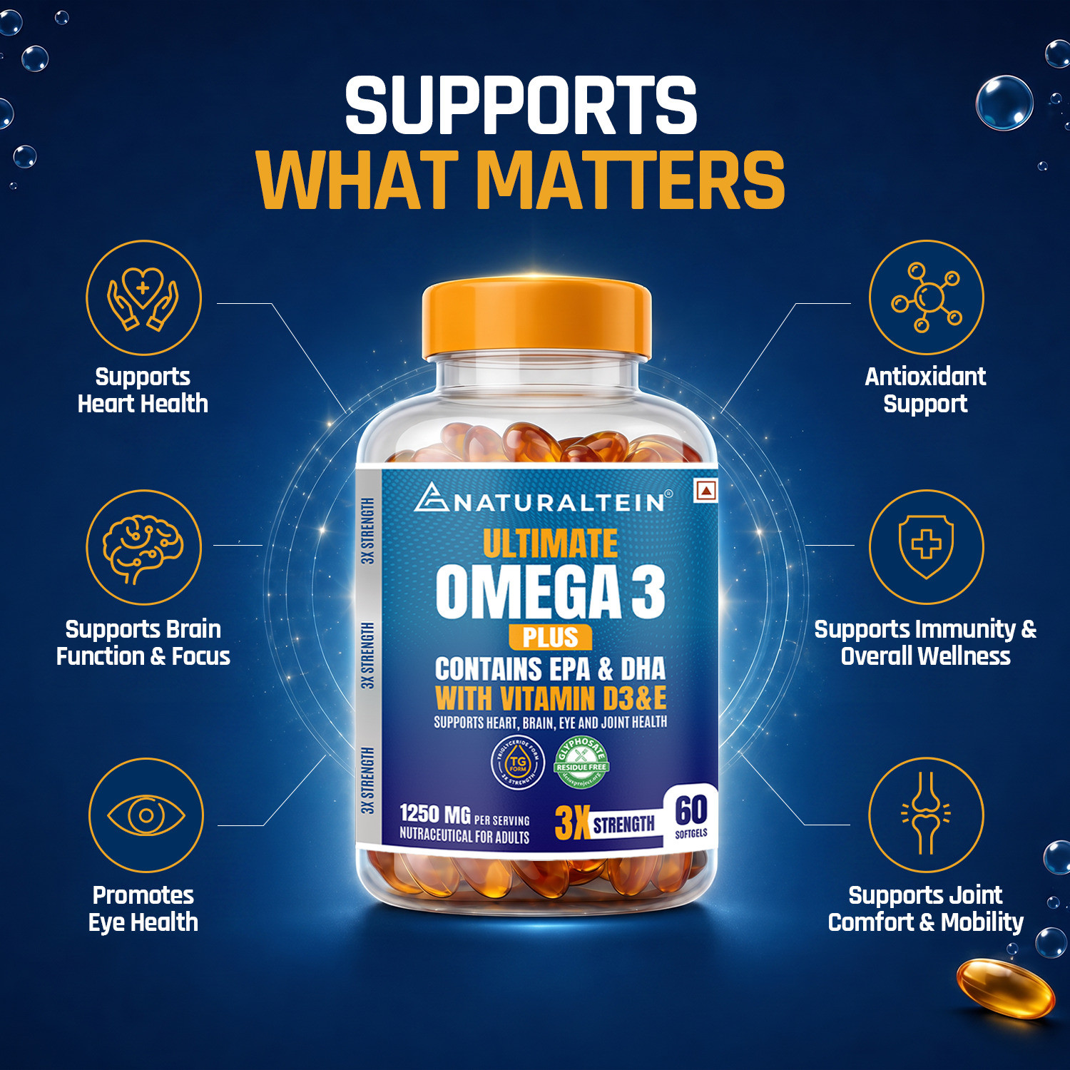 Image of NATURALTEIN Ultimate Omega-3 plus 1250mg |450mg EPA & 300mg DHA with Vitamin D3 and E