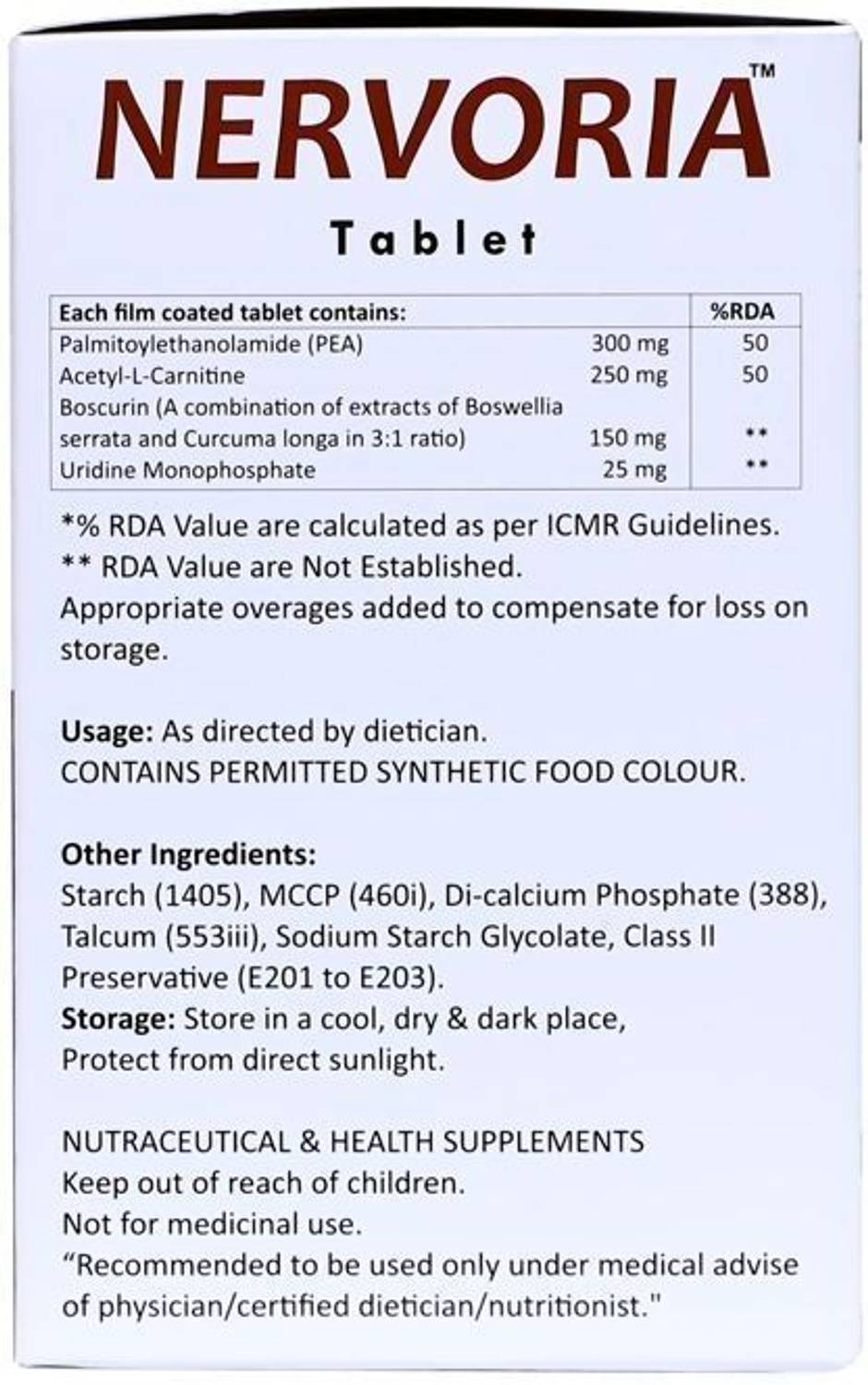 palmitoylethanolamide acetyl l carnitine Nervoria Palmitoylethanolamide,acetyl-L-carnitine,boscurin & uridine  monophosphate tablet Price in India
